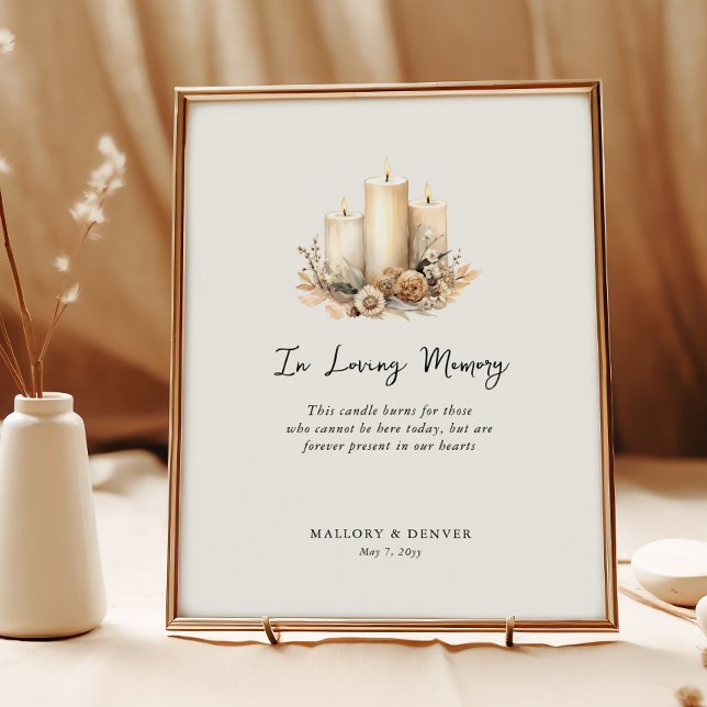 Poster Mémoire d'amour bougie florale Mariage souvenir (In Loving Memory Sign from Romantic Wedding signs collection by Darling & May)