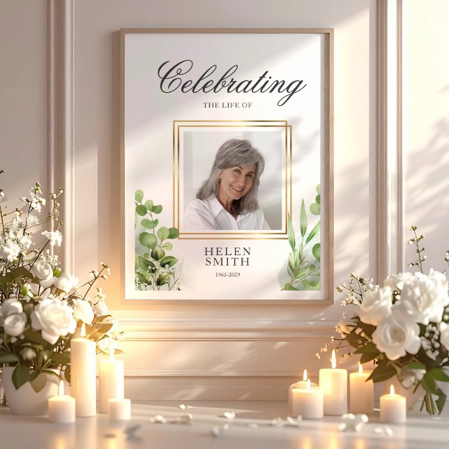 Poster Memorial Celebration of Life Elegant Greenery  (Memorial Celebration of Life Elegant Greenery Poster, Loss Of Mom Gift, Loss Of Loved One)