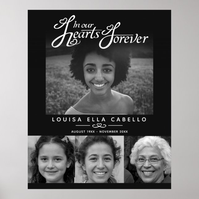 Poster Mémorial dans les cœurs photos funérailles noir bl (Devant)