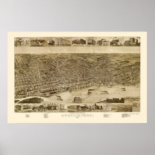 Poster Memphis, carte panoramique de TN - 1887