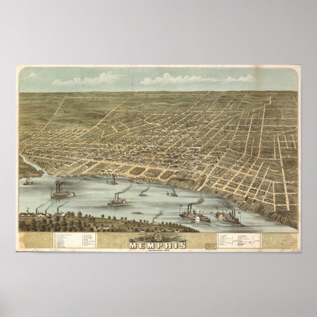 Poster Memphis Tennessee 1870 Carte panoramique antique (Devant)