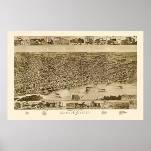 Poster Memphis, TN Carte panoramique - 1887 (Devant)