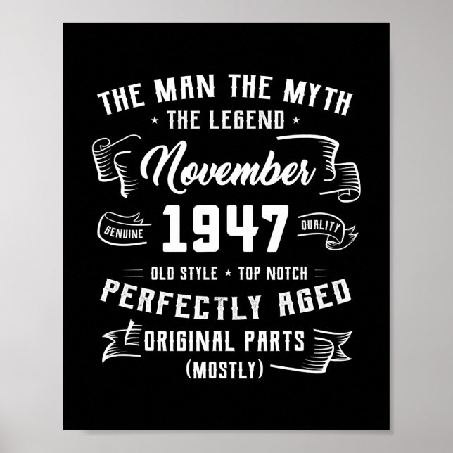 Poster Mens Man Myth Legend novembre 1947 75th Birthday (Devant)