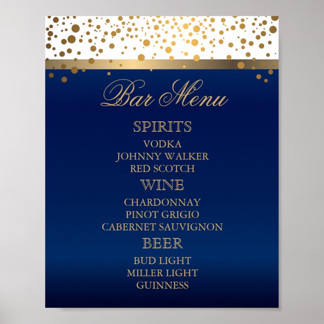 Poster Menu à barres - Blanc et bleu marine avec Confetti (Devant)
