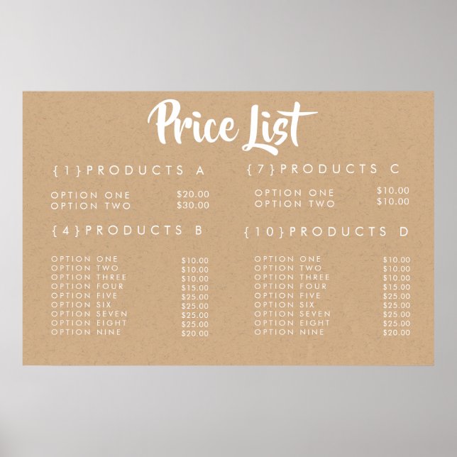 Poster Menu affiché personnalisé KRAFT Service Prix (Devant)