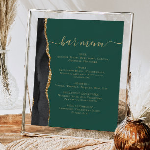 Poster Menu Bar de Mariage Noir Agate Or Vert Émeraude