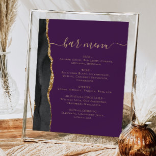 Poster Menu Bar de Mariage Noir Agate Or Violet