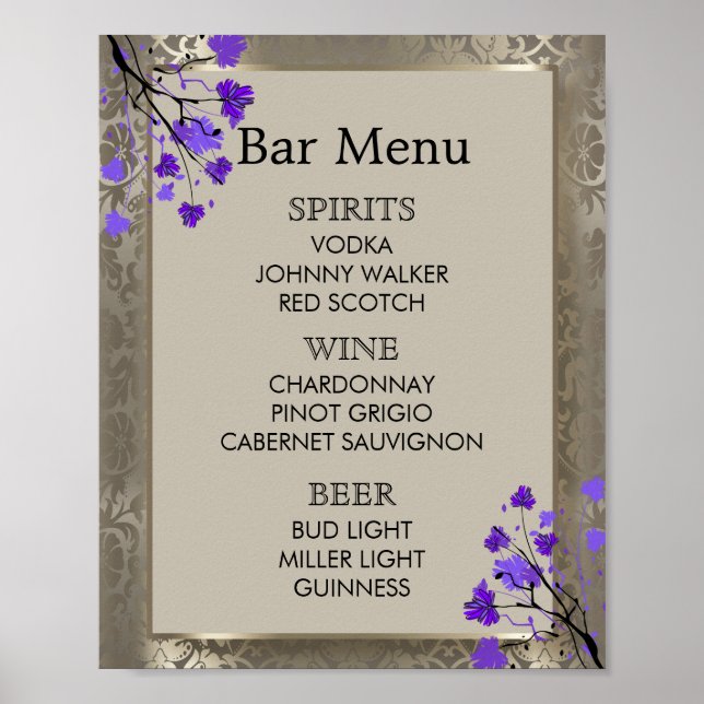 Poster Menu Bar - Floral Violet & Argent Antique Damask (Devant)