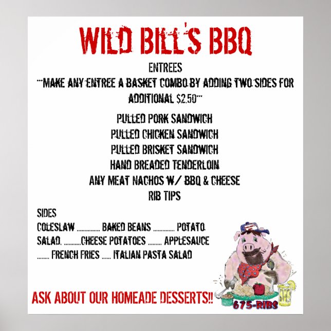 POSTER MENU BBQ DE WILD BILL (Devant)