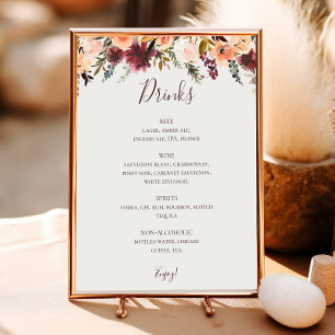 Poster Menu Boissons Mariage Burgundy Orange Floral Beige