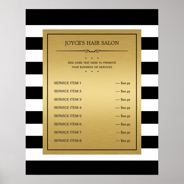 Poster Menu Classic Black White Stripes Gold Service (Devant)