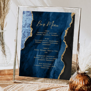 Poster Menu de bar de mariage à l'écriture en agate bleu