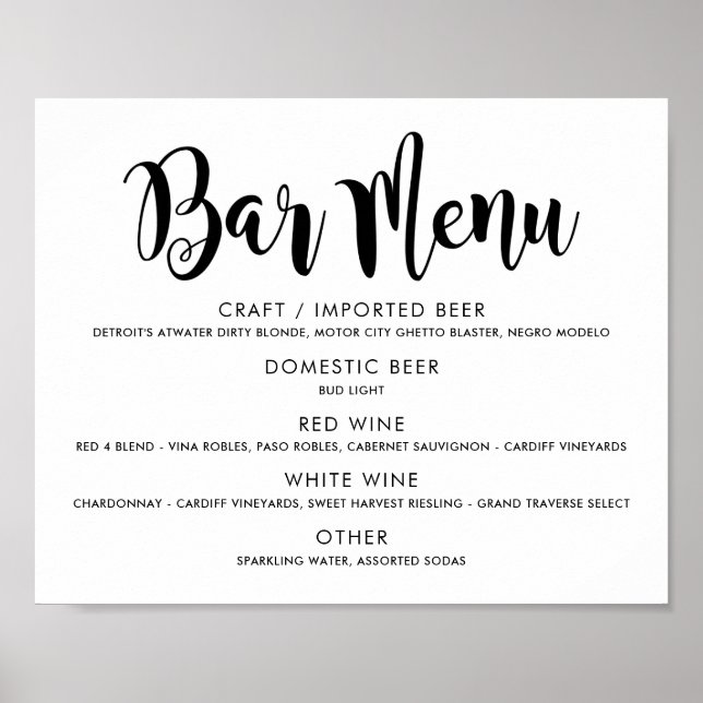 Poster Menu de bar de mariage à l'écriture noire moderne (Devant)