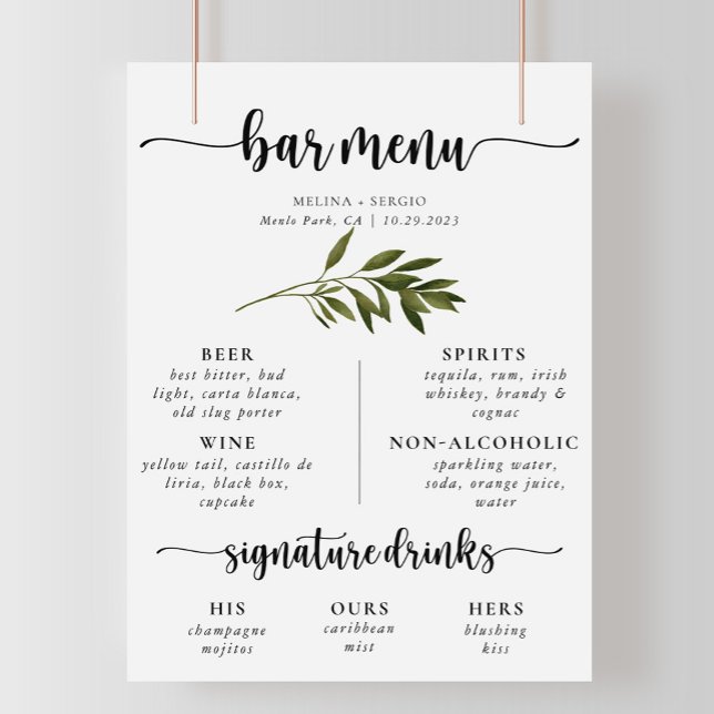 Poster Menu de bar de mariage aux feuilles vertes botaniq (Créateur téléchargé)