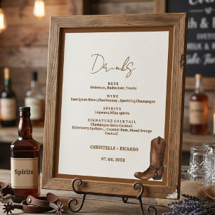 Poster menu de bar de mariage Boho Western, boisson maria
