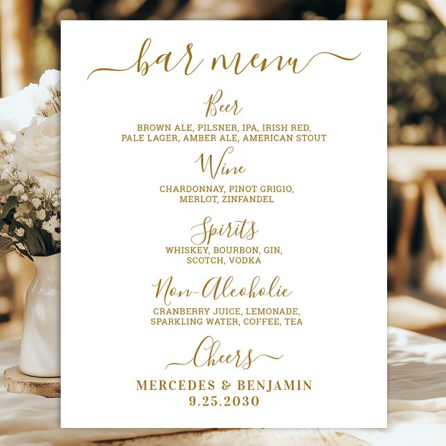 Poster Menu de bar de mariage élégant Or personnalisé  (Créateur téléchargé)