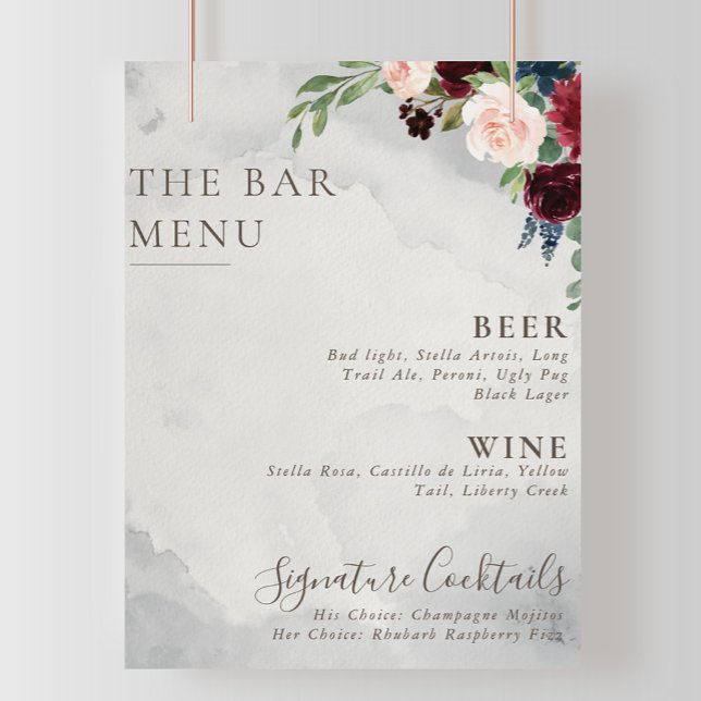 Poster Menu de bar de mariage Fleurs de rose et pivoine C (Créateur téléchargé)