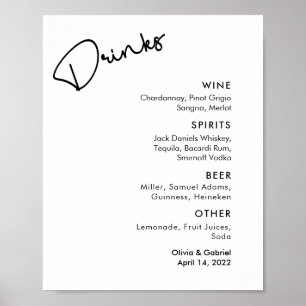 Poster Menu de bar de mariage formel simple noir et blanc