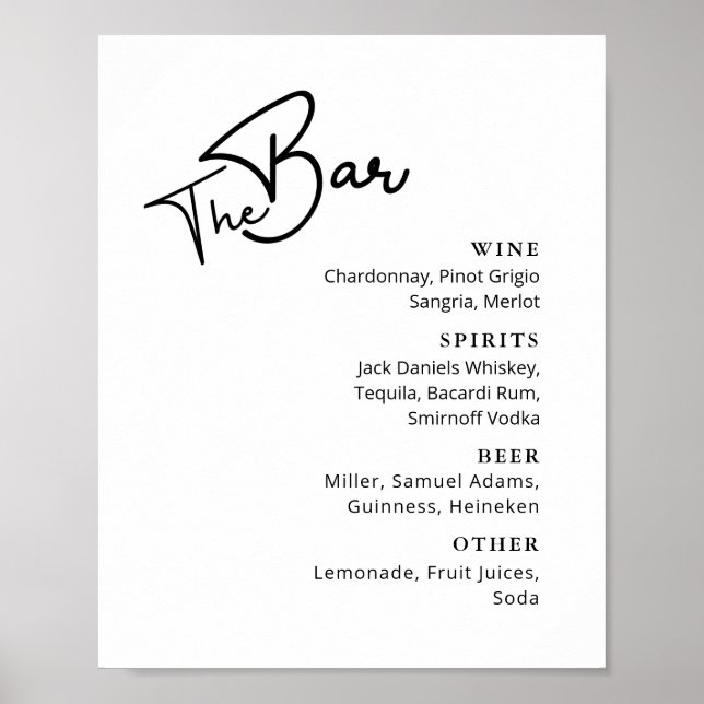 Poster Menu de bar de mariage typographie noire élégante (Devant)