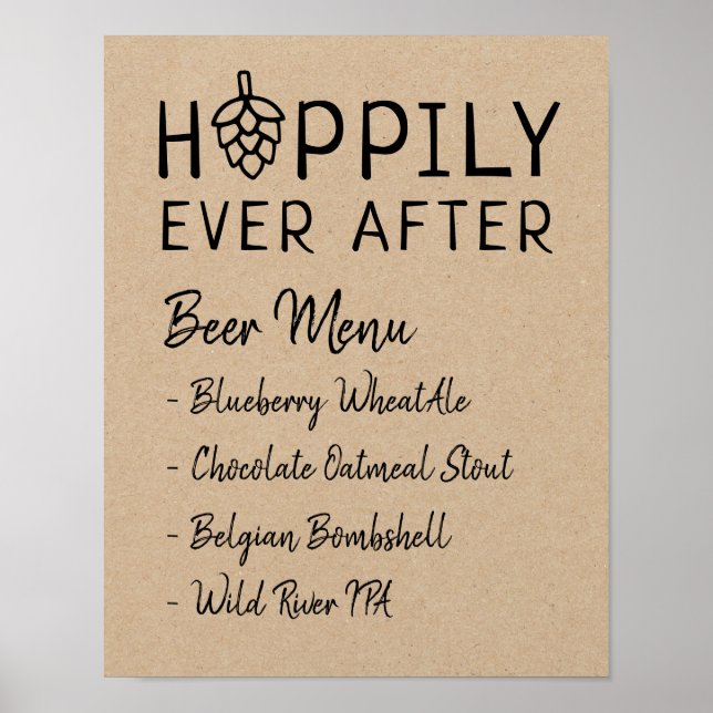 Poster Menu de bière de mariage de douche de mariée Hoppi (Devant)