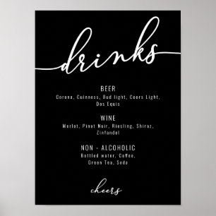 Poster Menu de boissons de fête moderne noir et blanc