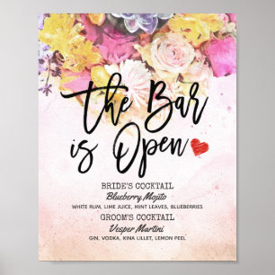 Poster Menu de Boissons de Mariage Floral Élégant Le Bar 