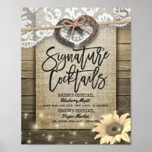 Poster Menu de boissons de mariage signature tournesol fe