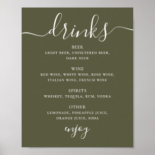 Poster Menu de boissons de mariage vert olive assourdi   