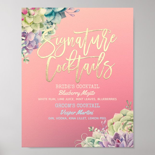 Poster Menu de boissons de signature de mariage aquarelle (Devant)