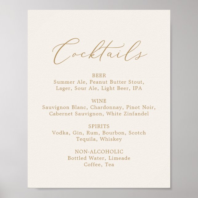 Poster Menu de cocktails crème à calligraphie dorée délic (Devant)