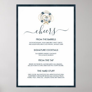 Poster Menu de la barre de Mariage marine et blanche
