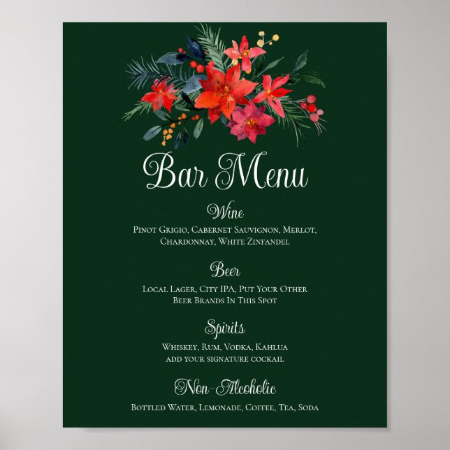 Poster Menu de la barre de Mariage verte de Noël Poinsett (Devant)