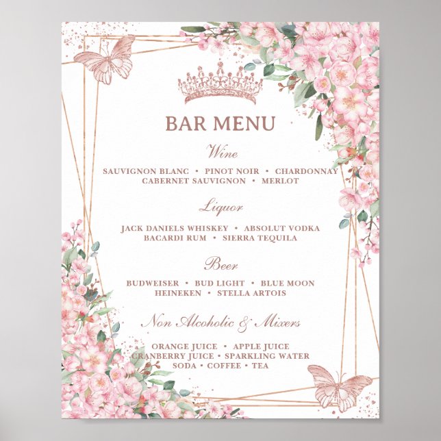 Poster Menu de la barre des papillons Gold Rose de fleurs (Devant)