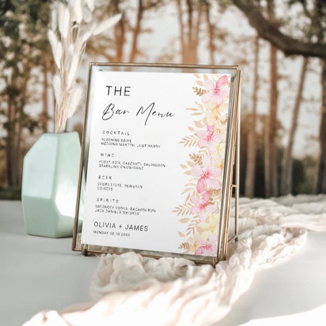 Poster Menu de la barre du Mariage rose Modèle des signes (Rose Wedding Bar Menu Sign Template)