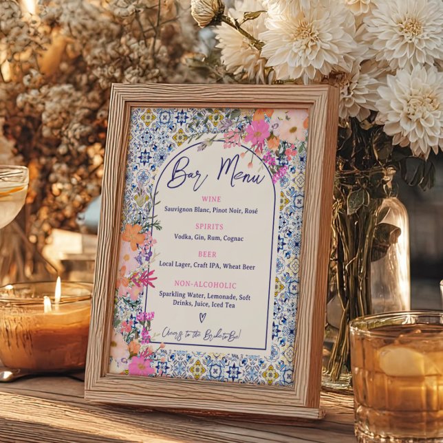 Poster Menu de la barre Florale rose Carrelage méditerran (Mediterranean Tile Pink Floral Bar Menu Poster)