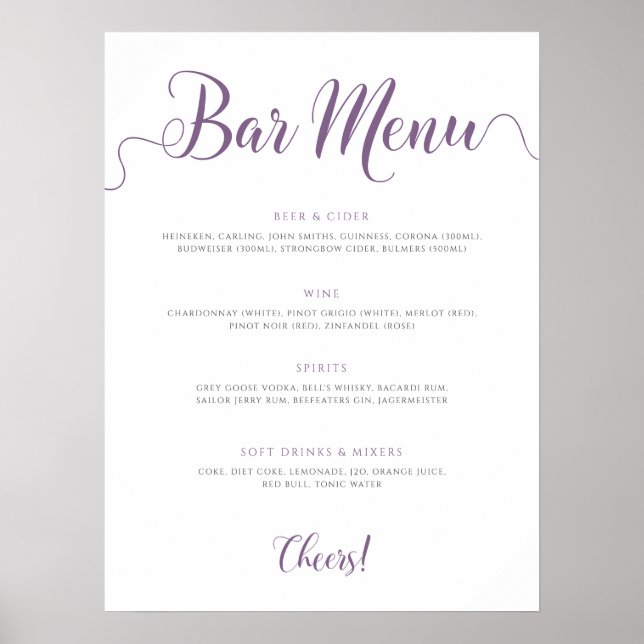 Poster Menu de la barre violet Menu des boissons Mariages (Devant)