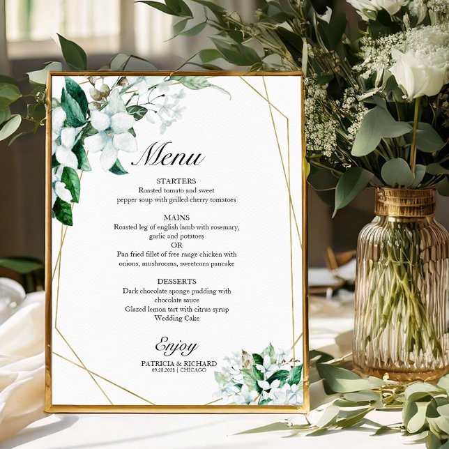 Poster Menu de mariage élégant géométrique floral verdure (Créateur téléchargé)