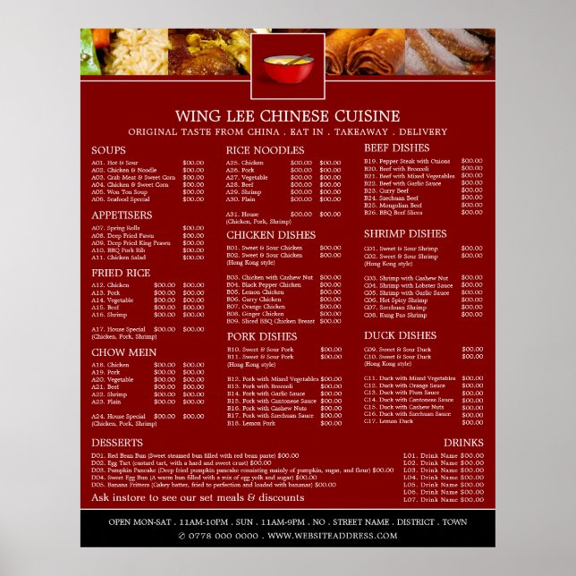 Poster Menu de restaurant chinois (Devant)
