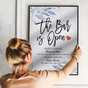 Poster Menu des boissons de mariage aux feuilles bleues L