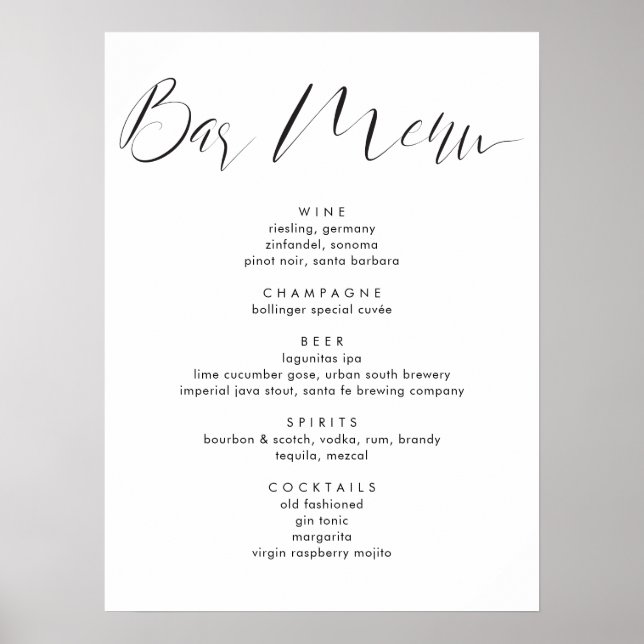 Poster Menu des boissons de mariage avec écriture de call (Devant)