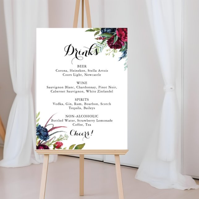 Poster Menu des boissons de mariage floral bohème fantais (Créateur téléchargé)