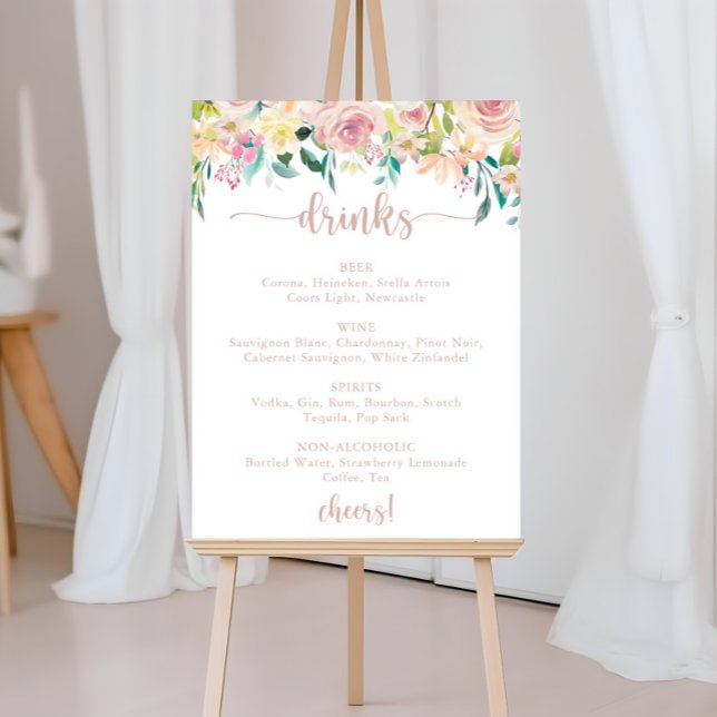 Poster Menu des boissons de mariage Rose Gold Floral Prin (Créateur téléchargé)