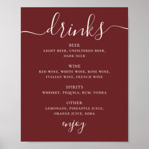 Poster Menu des Boissons de Mariage Rouge Vin Profond. Pa
