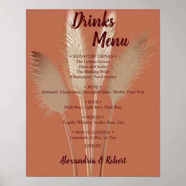 Poster Menu des boissons Pampas Herbe Sign de mariage de  (Devant)