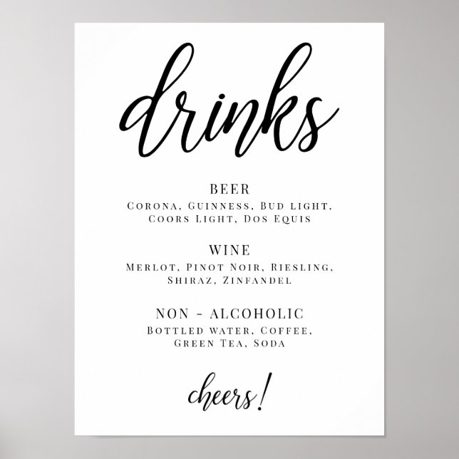 Poster Menu des boissons pour la soirée noir et blanc (Devant)