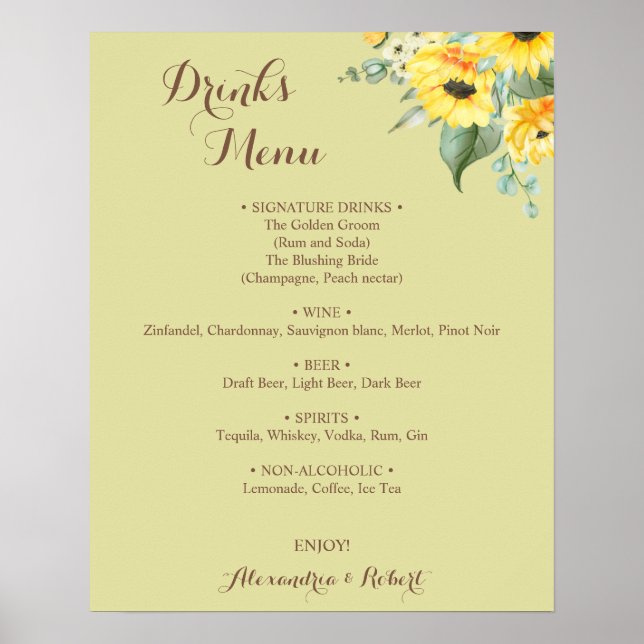 Poster Menu des boissons Tournesols Verdure Mariage (Devant)