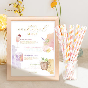 Poster Menu des Cocktails Bar de Mariage à l'Aquarelle Bo