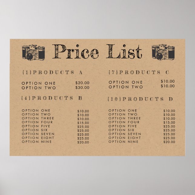Poster Menu des prix pour photographes de l'appareil phot (Devant)