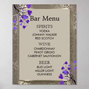 Poster Menu du Bar - Damassé Fleurs Violettes et Argent