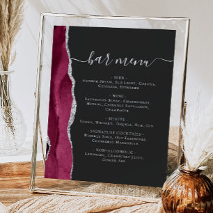 Poster Menu du bar de mariage Bourgogne Argent Agate Fonc